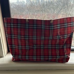 Burberry Red Plaid Nylon Tote